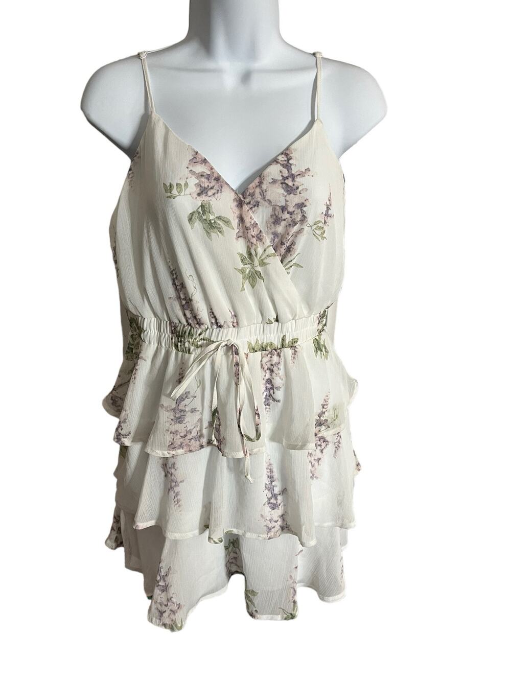 Blue Rain white floral tiered mini dress spaghetti strap surplice wrap small